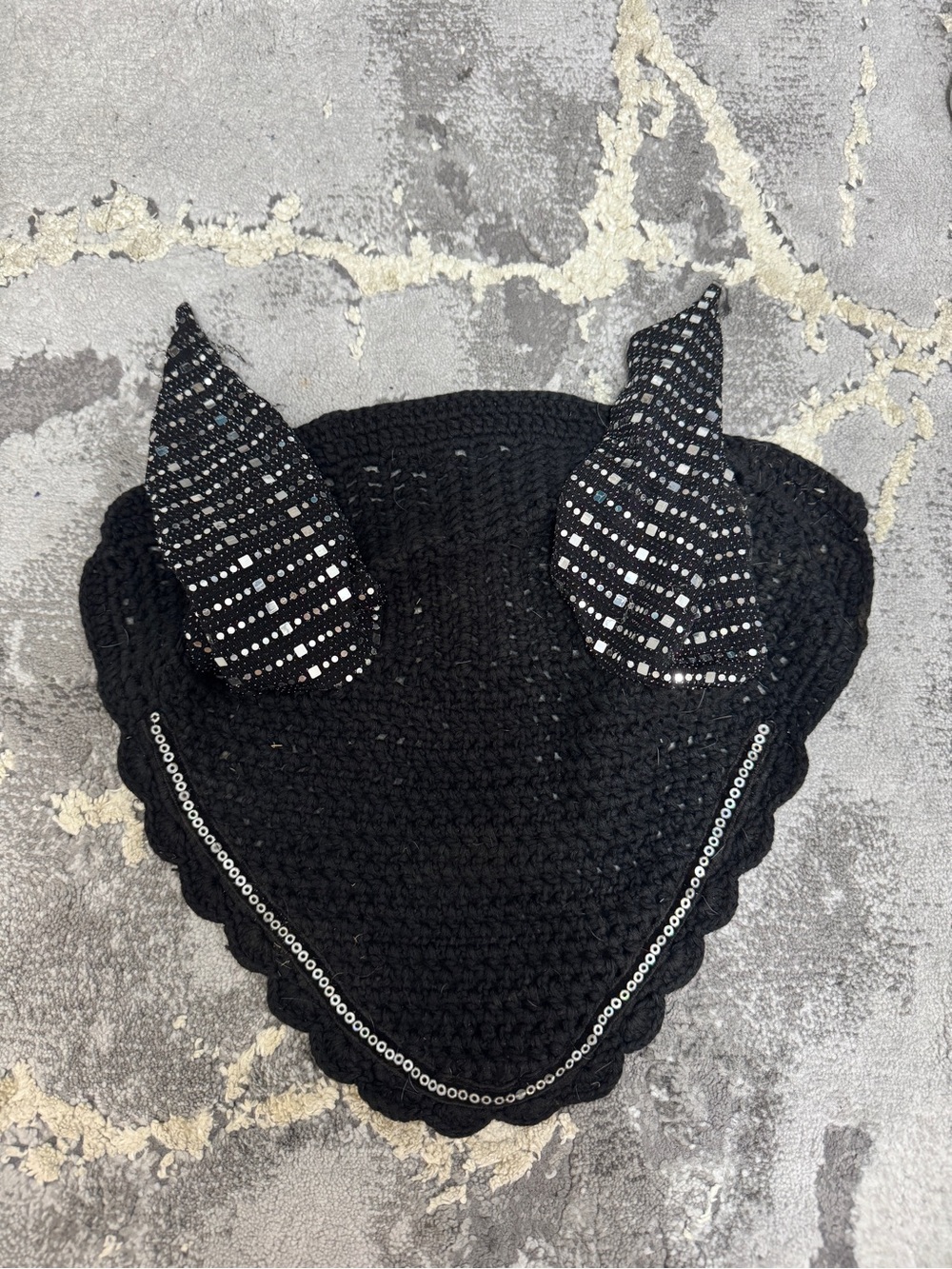 Black Crochet Equestrian Ear Bonnet with Sequined Accents